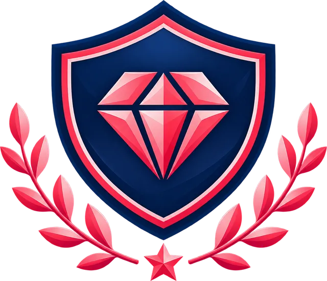 A shield with a gem, framed by laurels