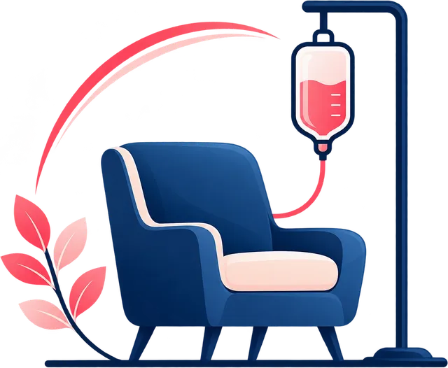 A comfortable armchair beside an IV stand